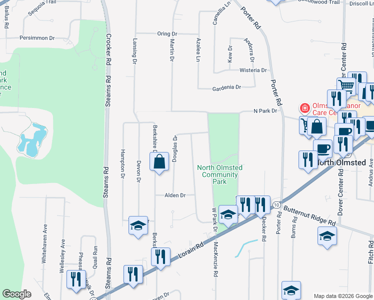 map of restaurants, bars, coffee shops, grocery stores, and more near 5057 Evergreen Drive in North Olmsted