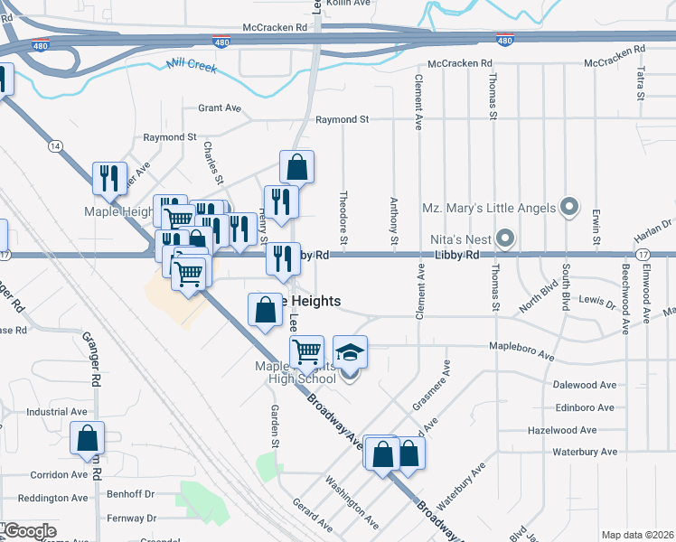 map of restaurants, bars, coffee shops, grocery stores, and more near 16670 Libby Rd in Maple Heights
