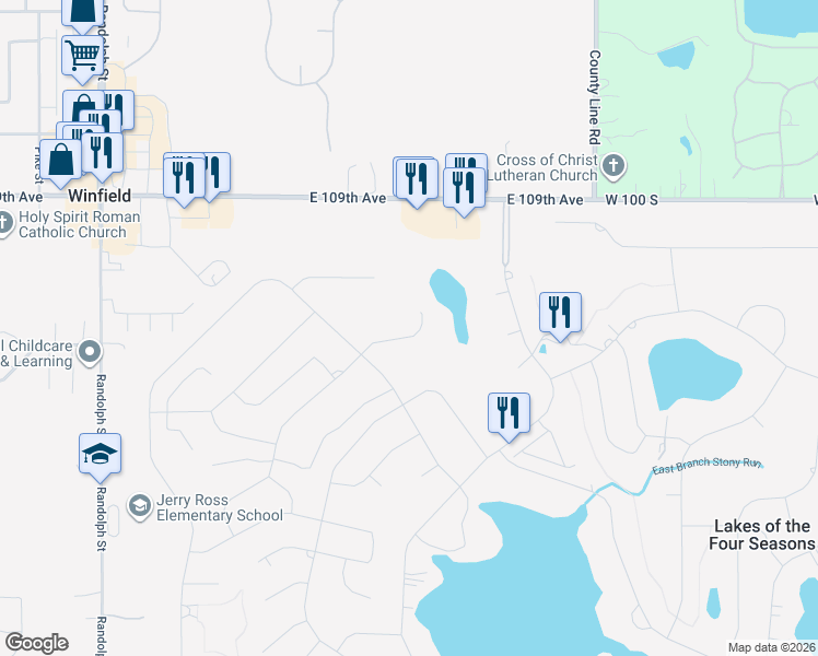 map of restaurants, bars, coffee shops, grocery stores, and more near 4163 Oakmont Court in Crown Point