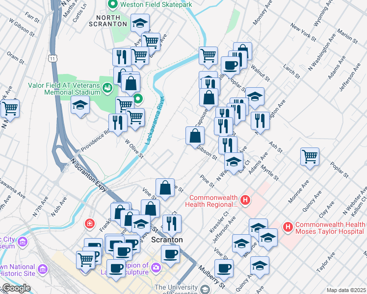 map of restaurants, bars, coffee shops, grocery stores, and more near 723 Capouse Ave in Scranton