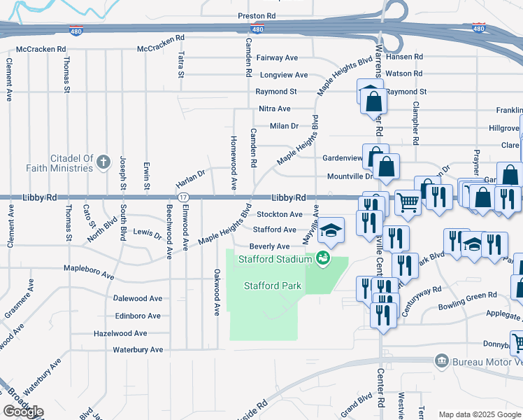 map of restaurants, bars, coffee shops, grocery stores, and more near 19229 Stockton Avenue in Maple Heights