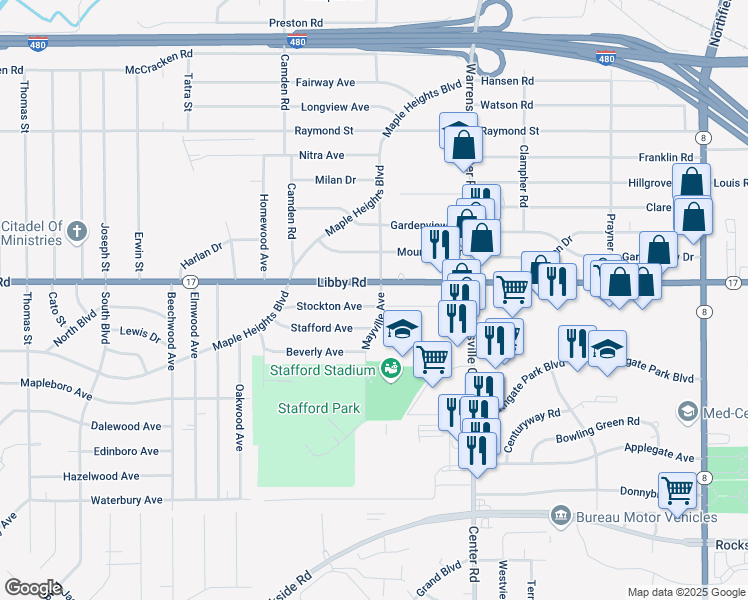 map of restaurants, bars, coffee shops, grocery stores, and more near 19313 Stockton Ave in Maple Heights