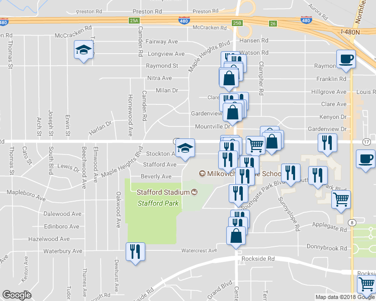 map of restaurants, bars, coffee shops, grocery stores, and more near 19317 Stockton Avenue in Maple Heights