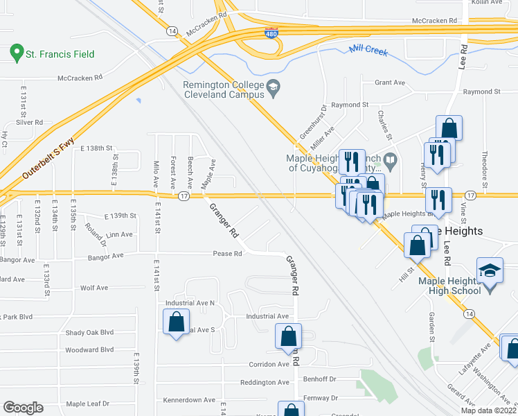 map of restaurants, bars, coffee shops, grocery stores, and more near 5293 Kohout Street in Maple Heights