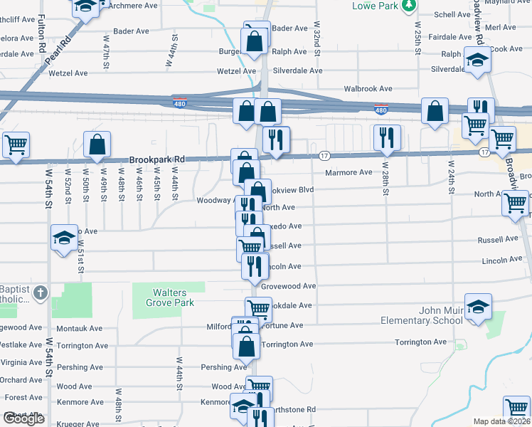 map of restaurants, bars, coffee shops, grocery stores, and more near 3439 North Avenue in Parma