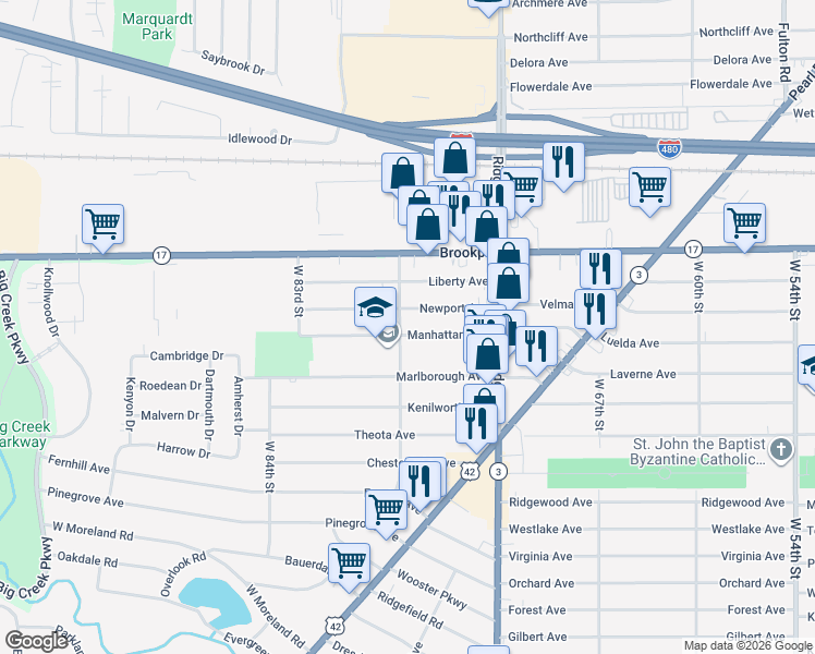 map of restaurants, bars, coffee shops, grocery stores, and more near 7714 Manhattan Ave in Parma