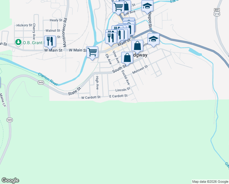 map of restaurants, bars, coffee shops, grocery stores, and more near 18 Lincoln St in Ridgway