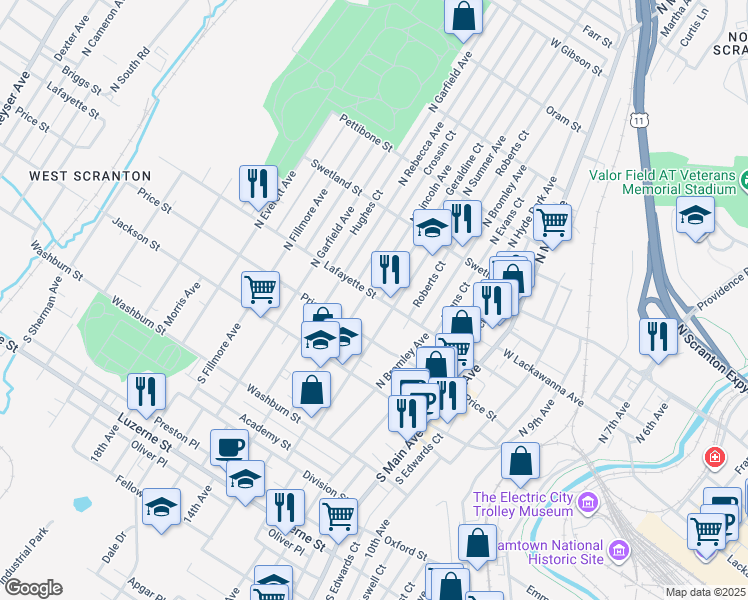 map of restaurants, bars, coffee shops, grocery stores, and more near 1417 Lafayette Street in Scranton