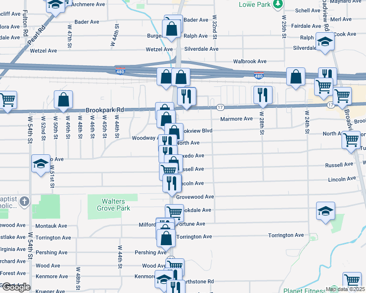 map of restaurants, bars, coffee shops, grocery stores, and more near 3427 North Avenue in Parma