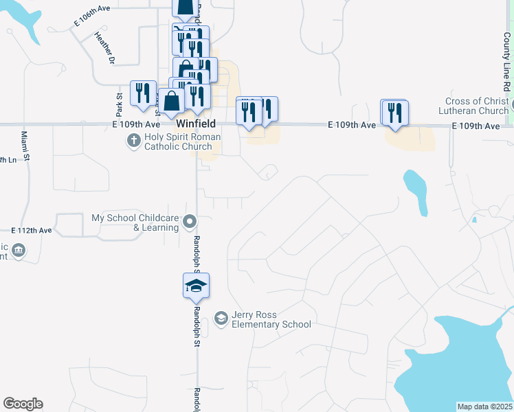 map of restaurants, bars, coffee shops, grocery stores, and more near 3665 Kingsway Drive in Crown Point