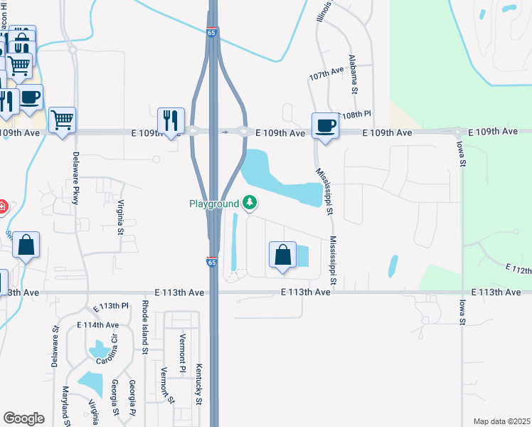 map of restaurants, bars, coffee shops, grocery stores, and more near 1300 East 111th Place in Crown Point