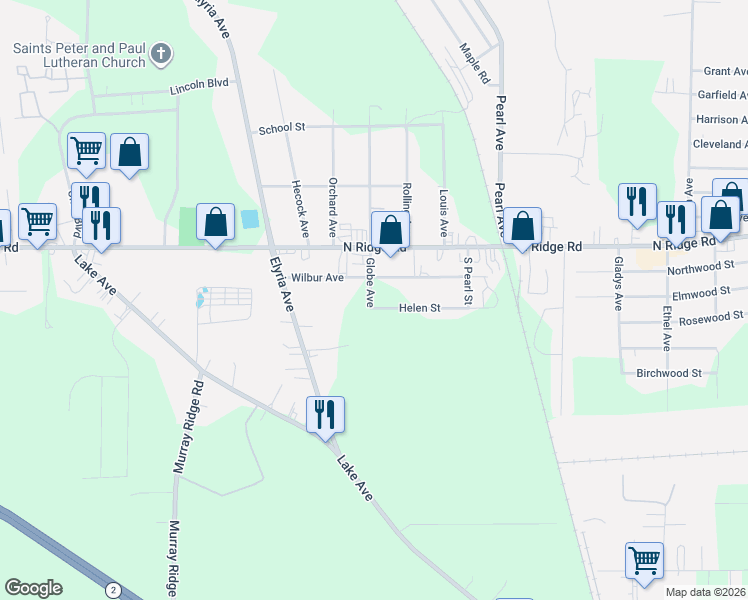 map of restaurants, bars, coffee shops, grocery stores, and more near Globe Avenue in North Ridgeville