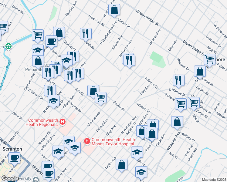 map of restaurants, bars, coffee shops, grocery stores, and more near 1127 Monroe Ave in Dunmore