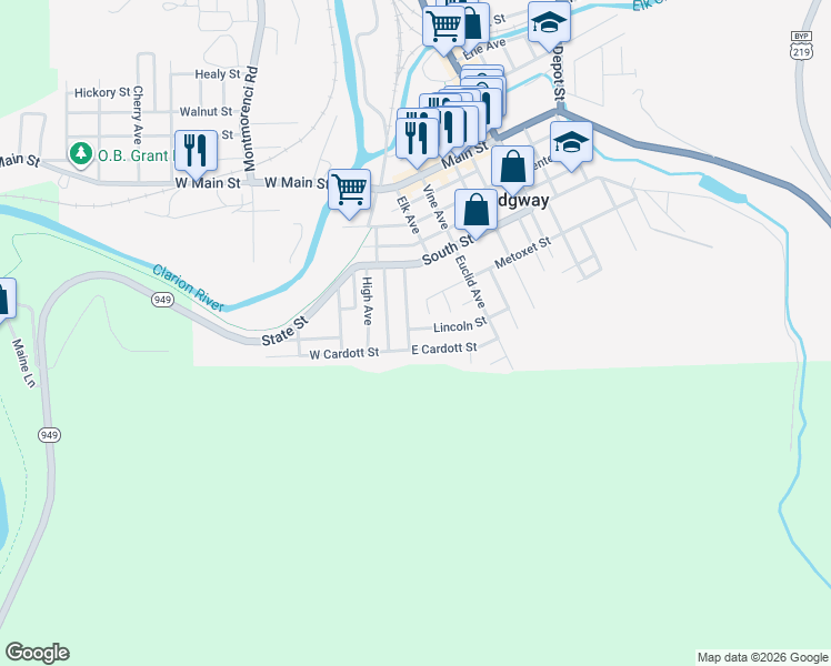 map of restaurants, bars, coffee shops, grocery stores, and more near 18 Lincoln Street in Ridgway
