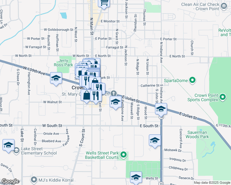 map of restaurants, bars, coffee shops, grocery stores, and more near 101-199 S Nichols St in Crown Point