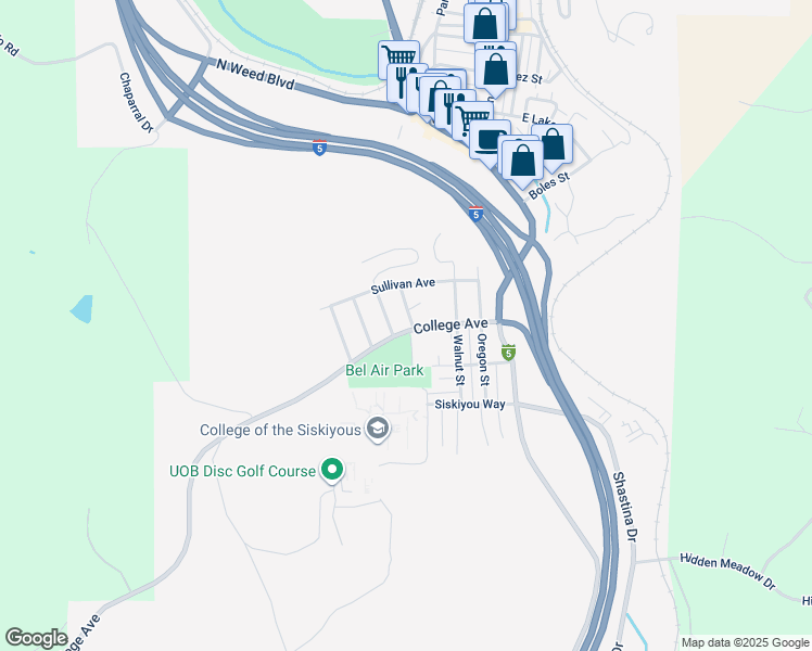 map of restaurants, bars, coffee shops, grocery stores, and more near 397 Dakota Street in Weed