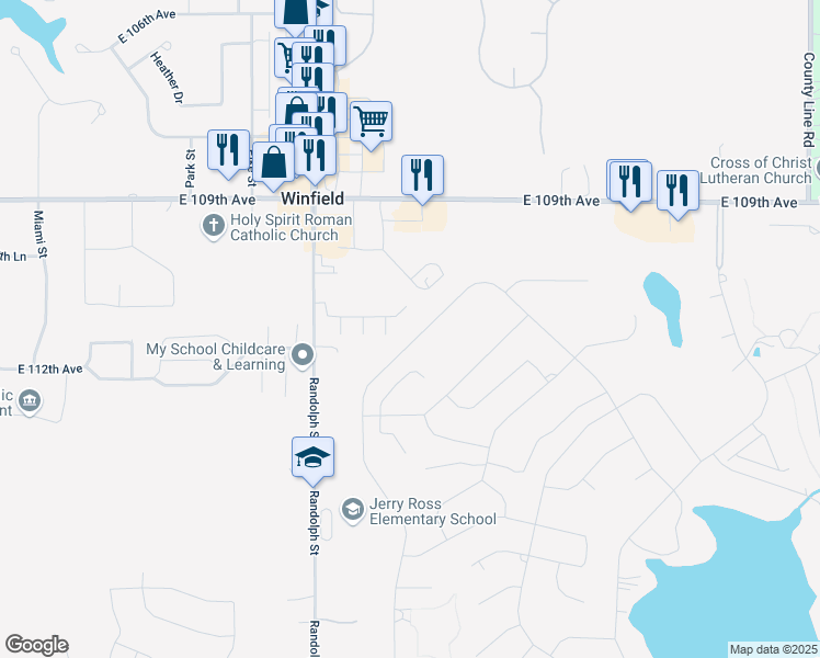 map of restaurants, bars, coffee shops, grocery stores, and more near 3665 Kingsway Drive in Crown Point