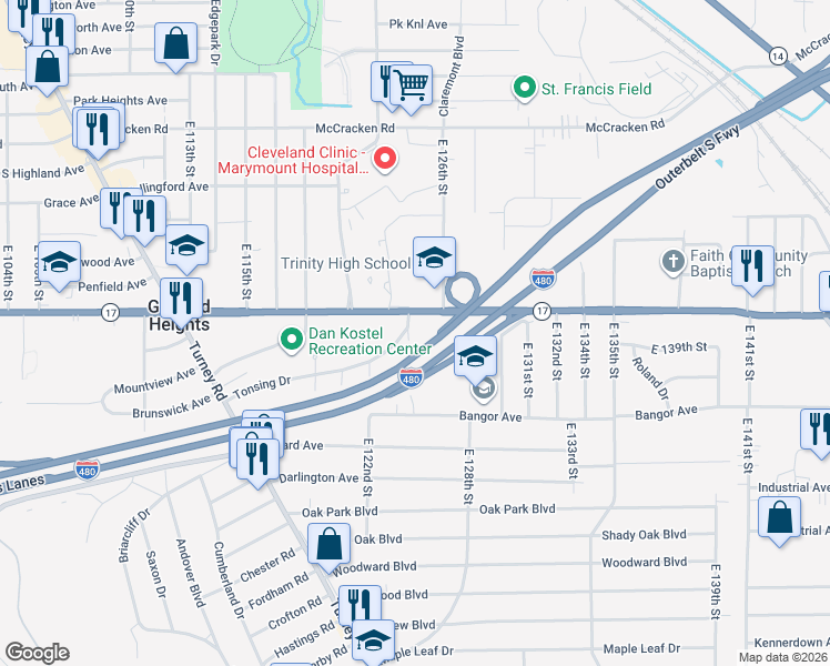 map of restaurants, bars, coffee shops, grocery stores, and more near 5355 East 124th Street in Garfield Heights