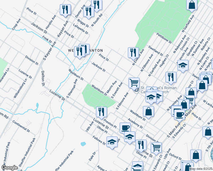 map of restaurants, bars, coffee shops, grocery stores, and more near 135 S Van Buren Ave in Scranton