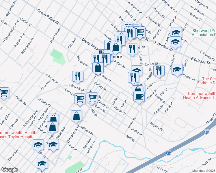 map of restaurants, bars, coffee shops, grocery stores, and more near 409 3rd St in Dunmore