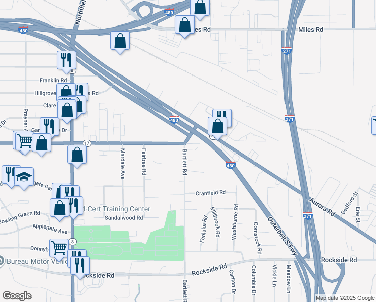 map of restaurants, bars, coffee shops, grocery stores, and more near 5285 Bartlett Road in Bedford Heights