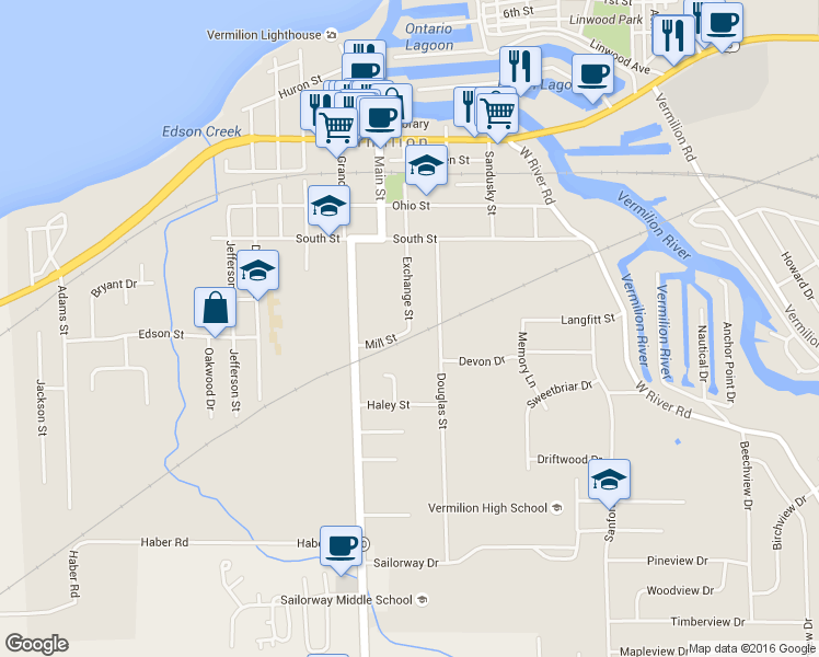 map of restaurants, bars, coffee shops, grocery stores, and more near Exchange St & Mill St in Vermilion