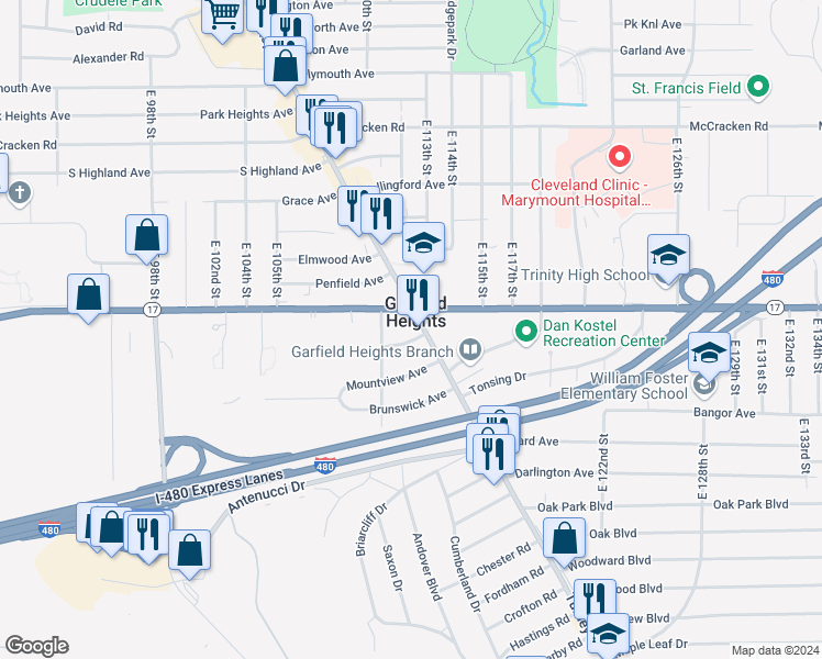 map of restaurants, bars, coffee shops, grocery stores, and more near 5350 Turney Road in Garfield Heights