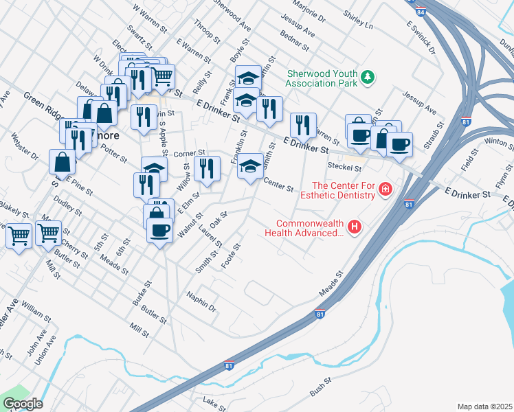 map of restaurants, bars, coffee shops, grocery stores, and more near 303 Smith Street in Dunmore