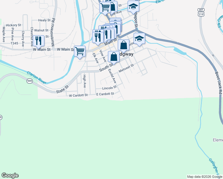 map of restaurants, bars, coffee shops, grocery stores, and more near 92 Lincoln Street in Ridgway