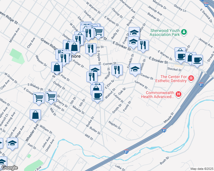 map of restaurants, bars, coffee shops, grocery stores, and more near 121 East Elm Street in Dunmore