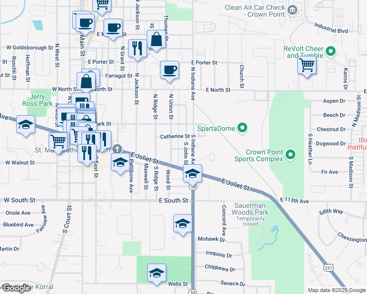 map of restaurants, bars, coffee shops, grocery stores, and more near 139 South John Street in Crown Point
