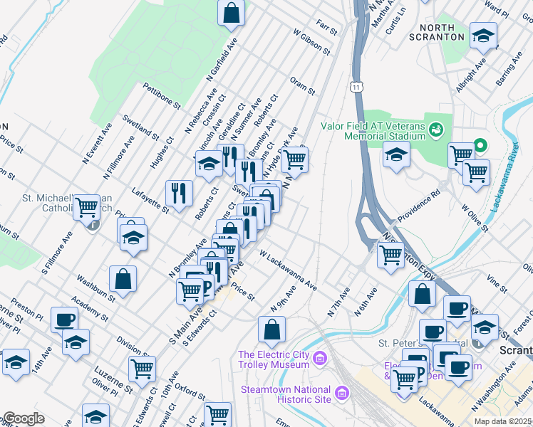 map of restaurants, bars, coffee shops, grocery stores, and more near 1105 Swetland Street in Scranton