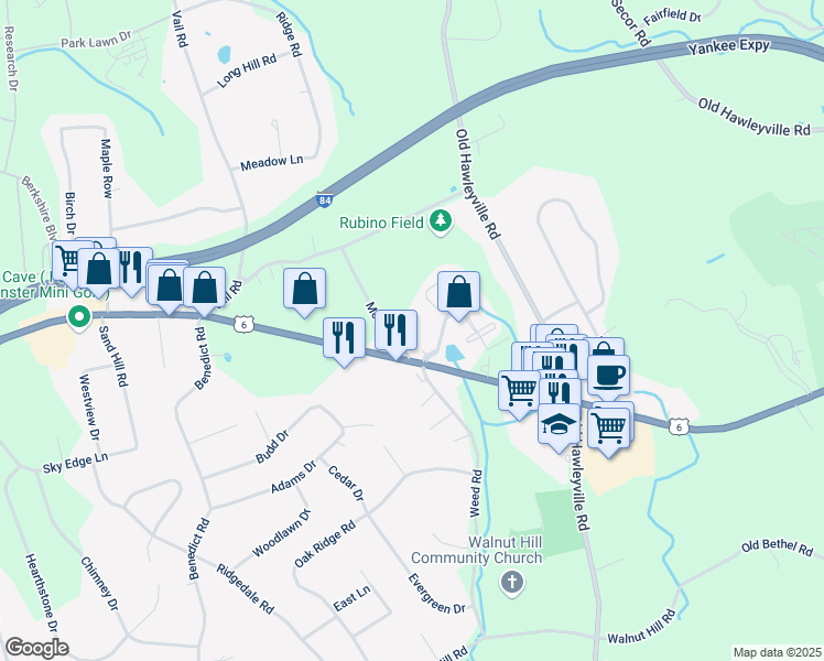 map of restaurants, bars, coffee shops, grocery stores, and more near 46 Stony Hill Road in Bethel