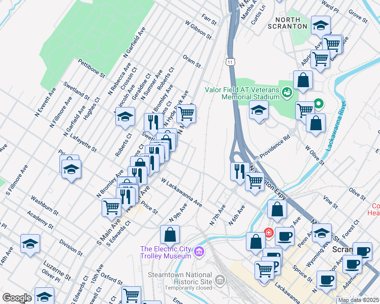 map of restaurants, bars, coffee shops, grocery stores, and more near 521 Pleasant Avenue in Scranton