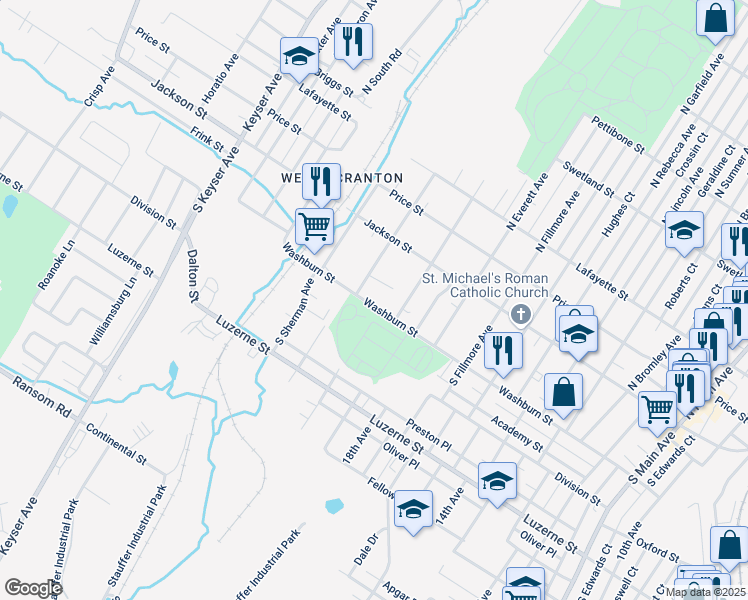 map of restaurants, bars, coffee shops, grocery stores, and more near 2202 Washburn Street in Scranton