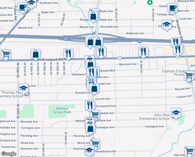 map of restaurants, bars, coffee shops, grocery stores, and more near 3427 North Avenue in Parma