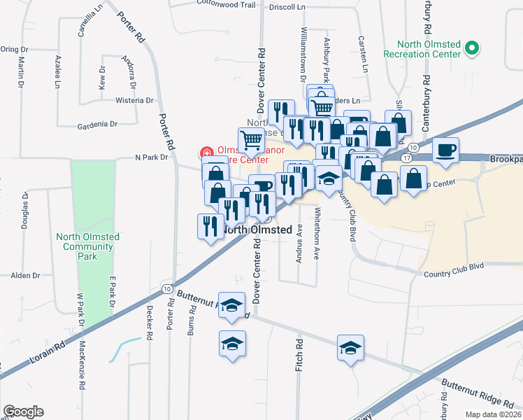 map of restaurants, bars, coffee shops, grocery stores, and more near 27100 Lorain Road in North Olmsted