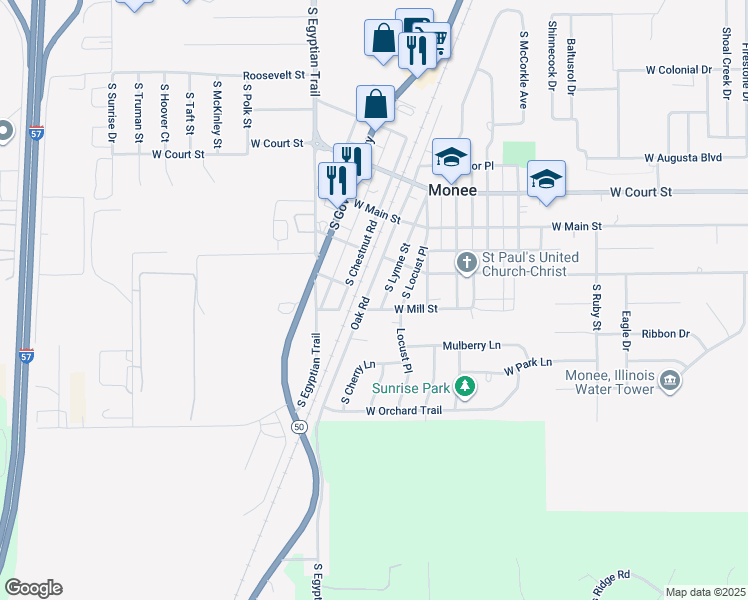 map of restaurants, bars, coffee shops, grocery stores, and more near 26045 South Oak Road in Monee