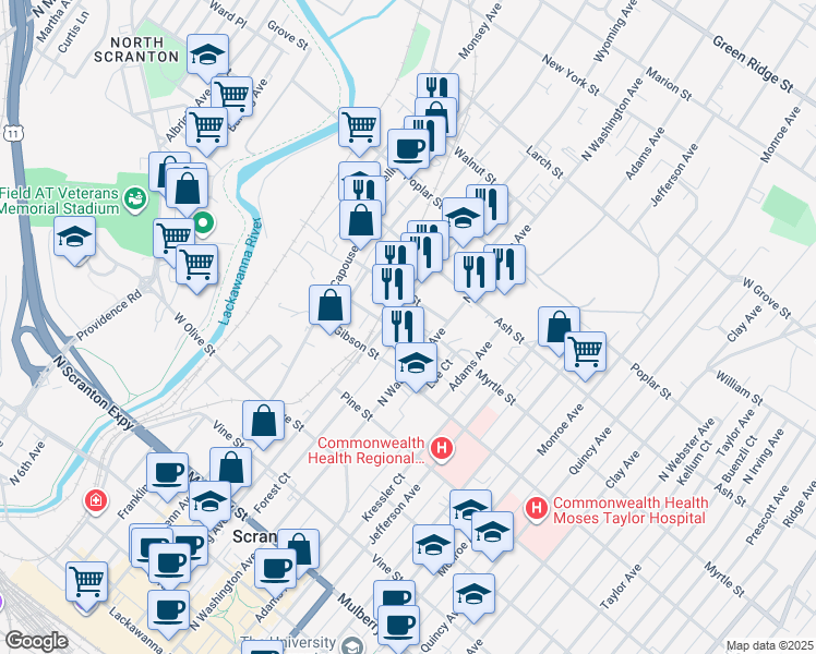 map of restaurants, bars, coffee shops, grocery stores, and more near 425 New Street in Scranton