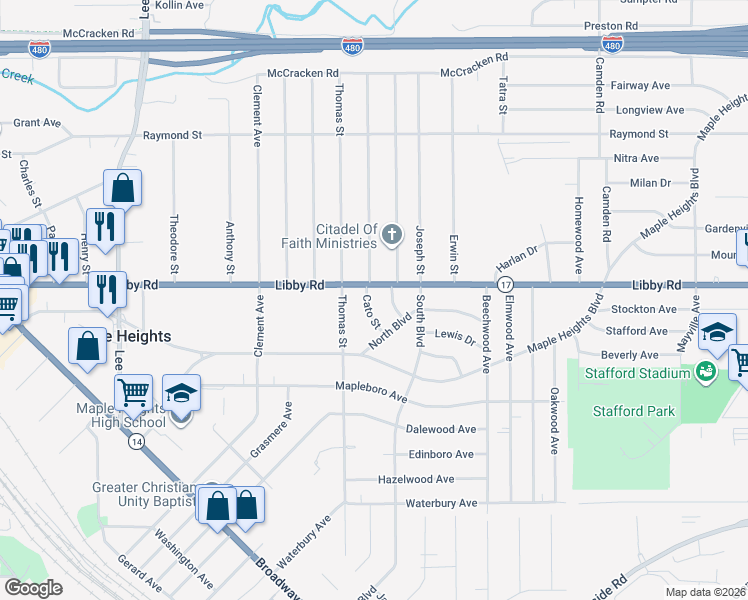 map of restaurants, bars, coffee shops, grocery stores, and more near 5311 Cato St in Maple Heights