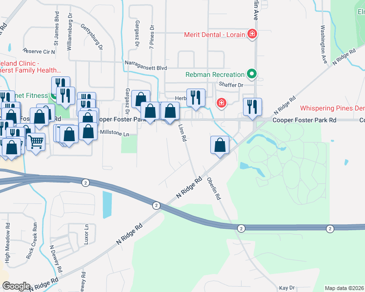 map of restaurants, bars, coffee shops, grocery stores, and more near 5536 Linn Road in Amherst