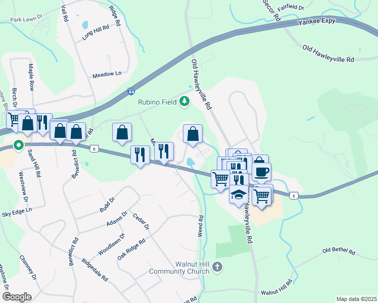 map of restaurants, bars, coffee shops, grocery stores, and more near 10 Copper Square Drive in Bethel