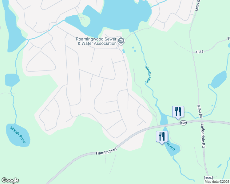 map of restaurants, bars, coffee shops, grocery stores, and more near 427 Parkwood Drive in Hamlin