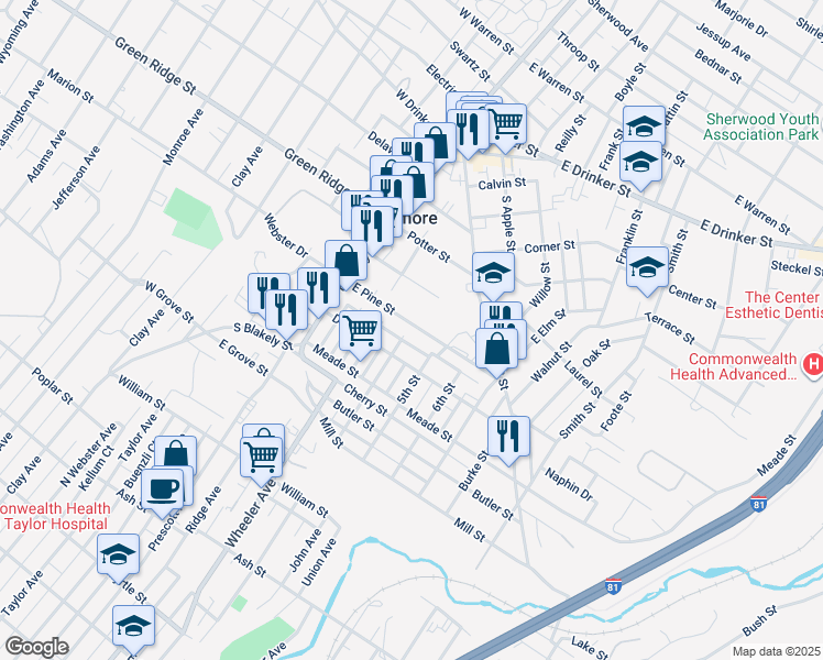 map of restaurants, bars, coffee shops, grocery stores, and more near 166 East Pine Street in Dunmore