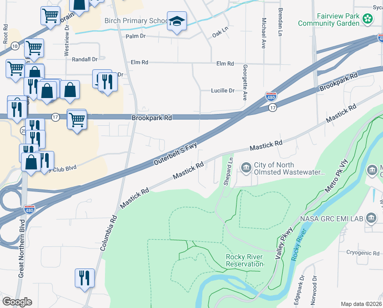 map of restaurants, bars, coffee shops, grocery stores, and more near 5028 Grace Road in North Olmsted