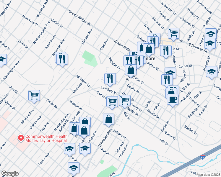 map of restaurants, bars, coffee shops, grocery stores, and more near 620 South Blakely Street in Dunmore