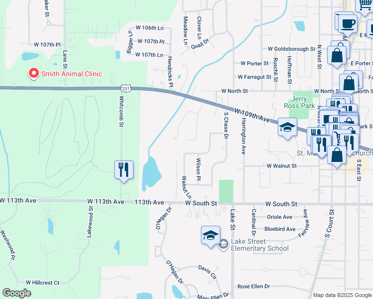 map of restaurants, bars, coffee shops, grocery stores, and more near 938 Walnut Ln in Crown Point