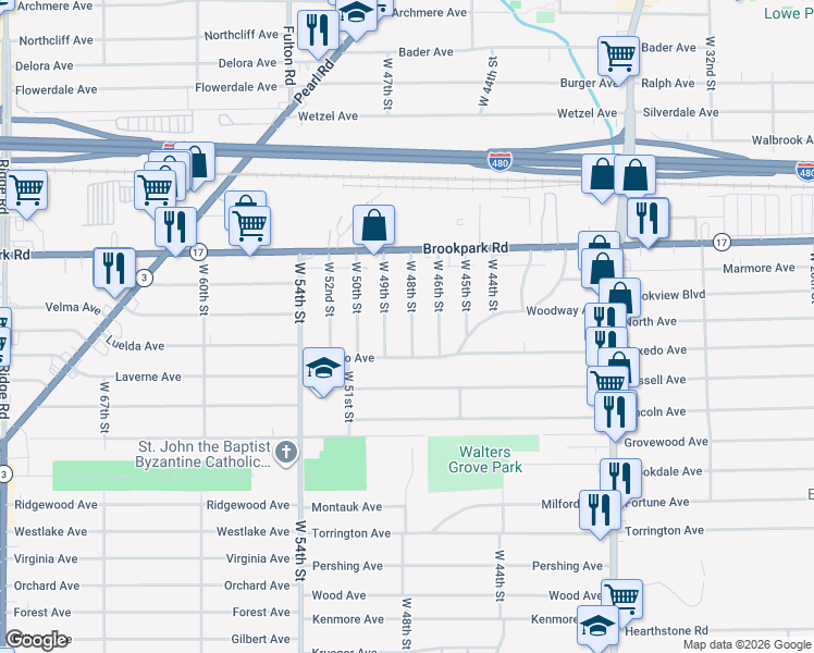 map of restaurants, bars, coffee shops, grocery stores, and more near 5280 West 48th Street in Parma