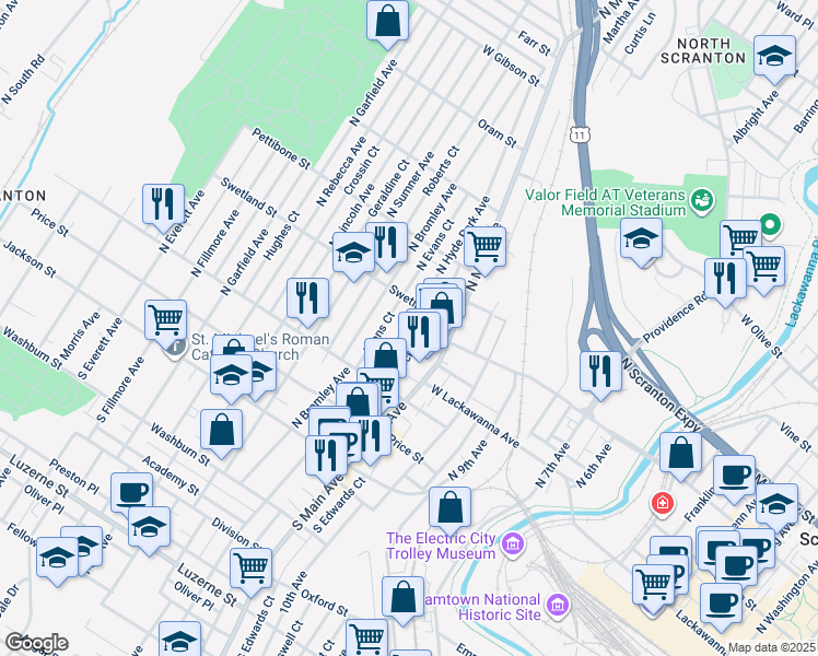 map of restaurants, bars, coffee shops, grocery stores, and more near 360 North Hyde Park Avenue in Scranton