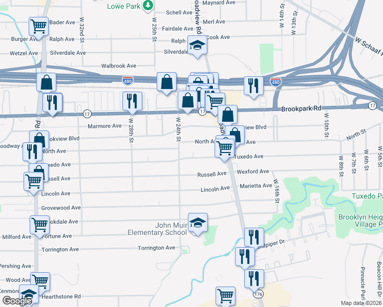 map of restaurants, bars, coffee shops, grocery stores, and more near 2310 Tuxedo Avenue in Parma